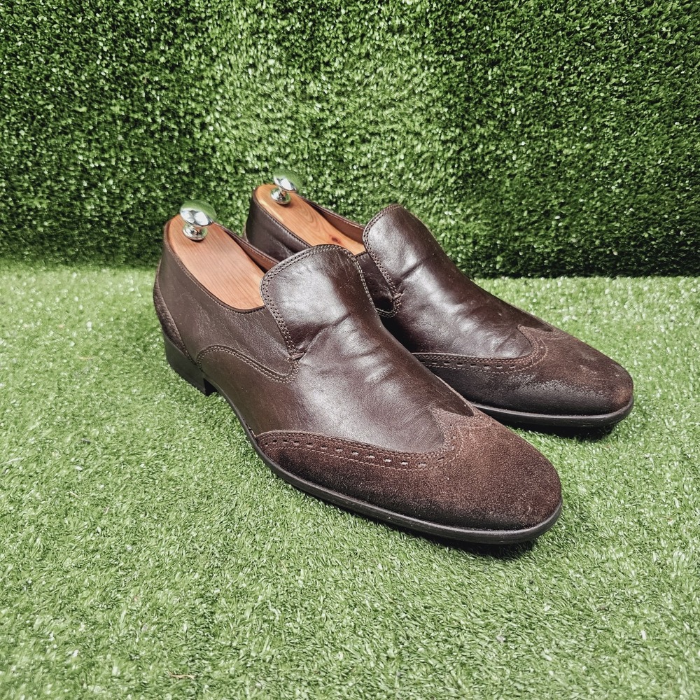 Hugo Boss Brogue Brown Leather Slip On Dress Loafer Shoes Mens Size 44 US 11